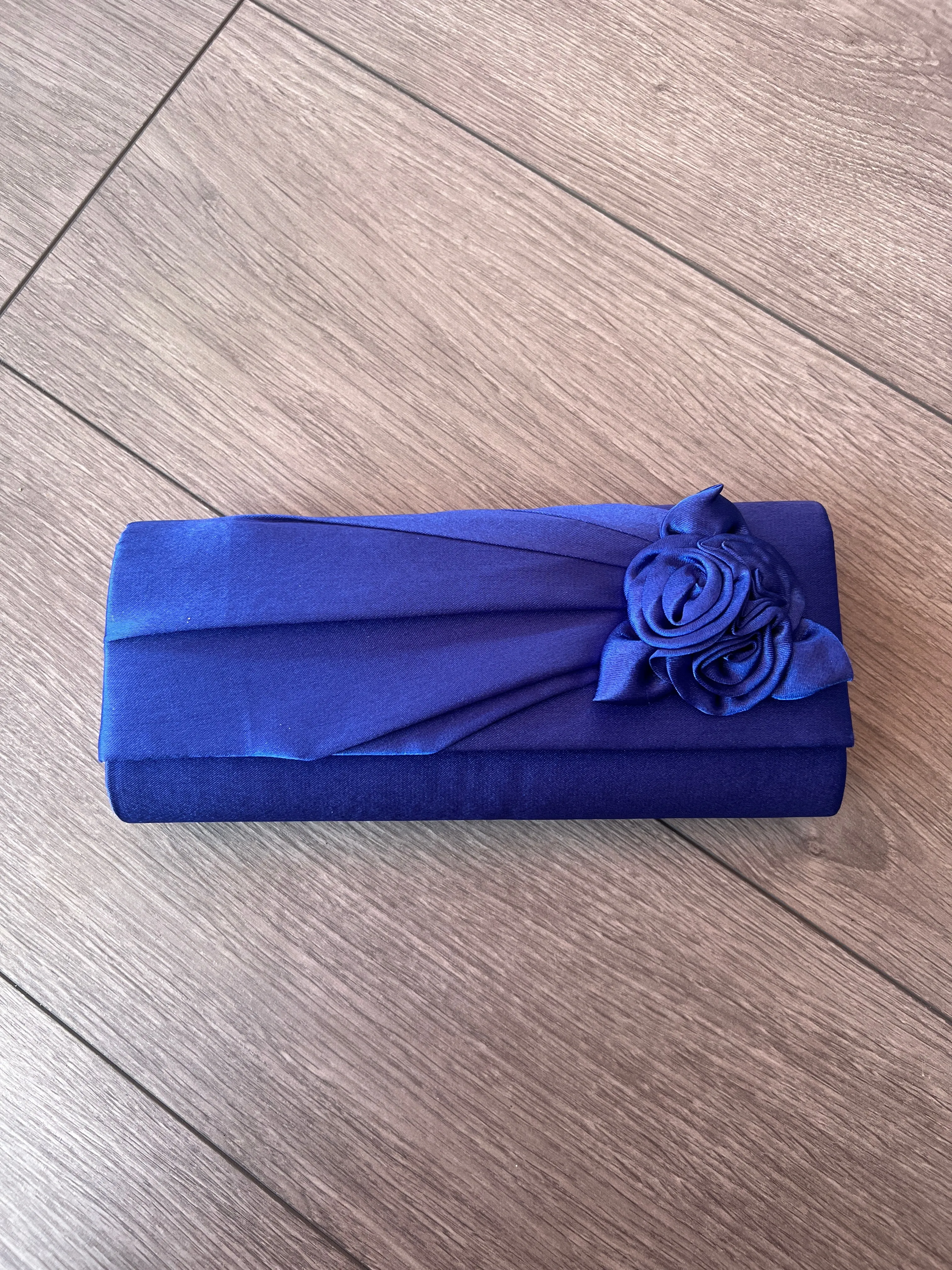 Royal Blue Satin Clutch Bag With Rose Flower Detail