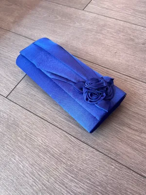 Royal Blue Satin Clutch Bag With Rose Flower Detail
