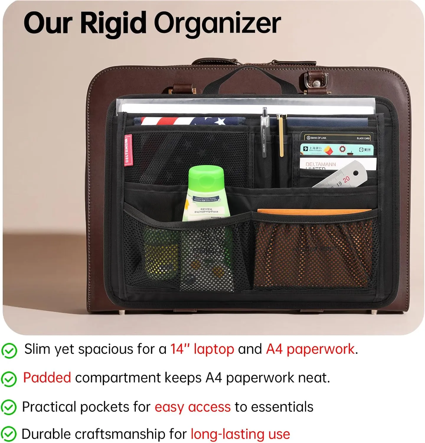 Rugged Organizer Insert for Briefcase Messenger Tote Bag Laptop iPad Computer Notebook Document