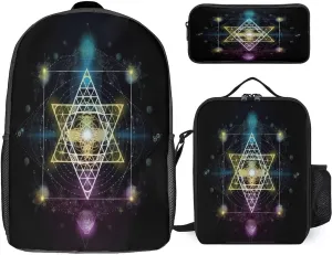 Sacred Geometry Symbol 3 Piece Set Backpack Lunch Bag Pencil Case, for Travel Picnics Activities