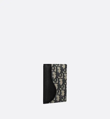 Saddle Bi-Fold Card Holder • Black Grained Calfskin Leather Marquetry with Beige and Black Dior Oblique Jacquard
