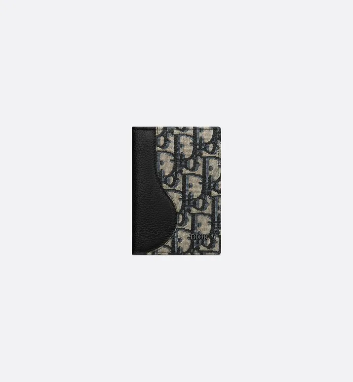 Saddle Bi-Fold Card Holder • Black Grained Calfskin Leather Marquetry with Beige and Black Dior Oblique Jacquard