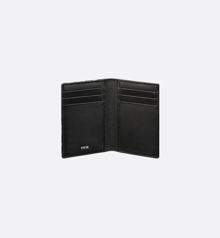 Saddle Bi-Fold Card Holder • Black Grained Calfskin Leather Marquetry with Beige and Black Dior Oblique Jacquard