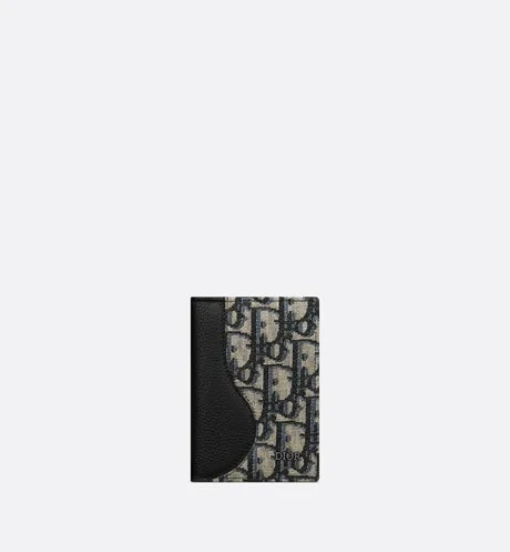 Saddle Bi-Fold Card Holder • Black Grained Calfskin Leather Marquetry with Beige and Black Dior Oblique Jacquard