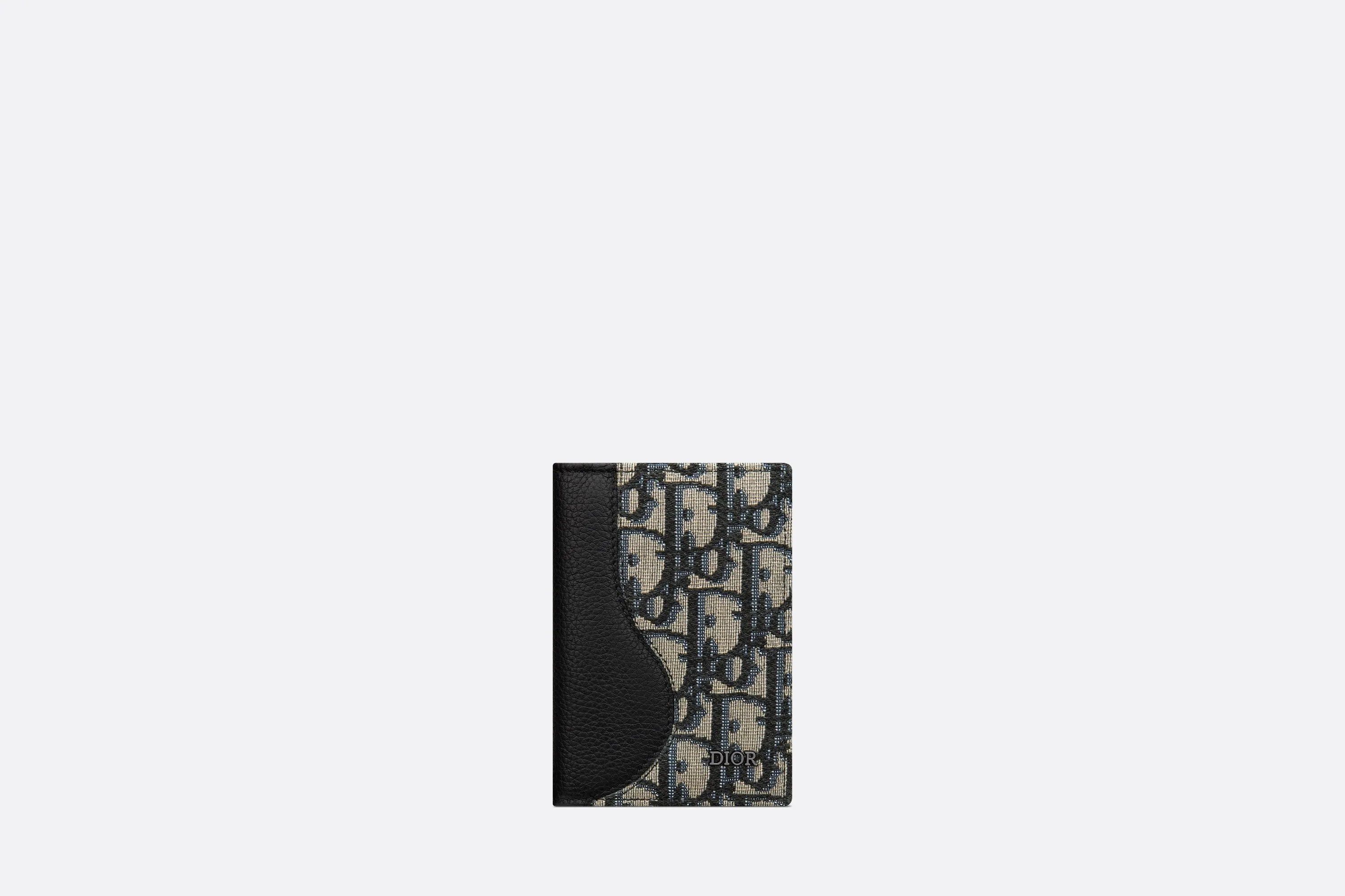 Saddle Bi-Fold Card Holder • Black Grained Calfskin Leather Marquetry with Beige and Black Dior Oblique Jacquard