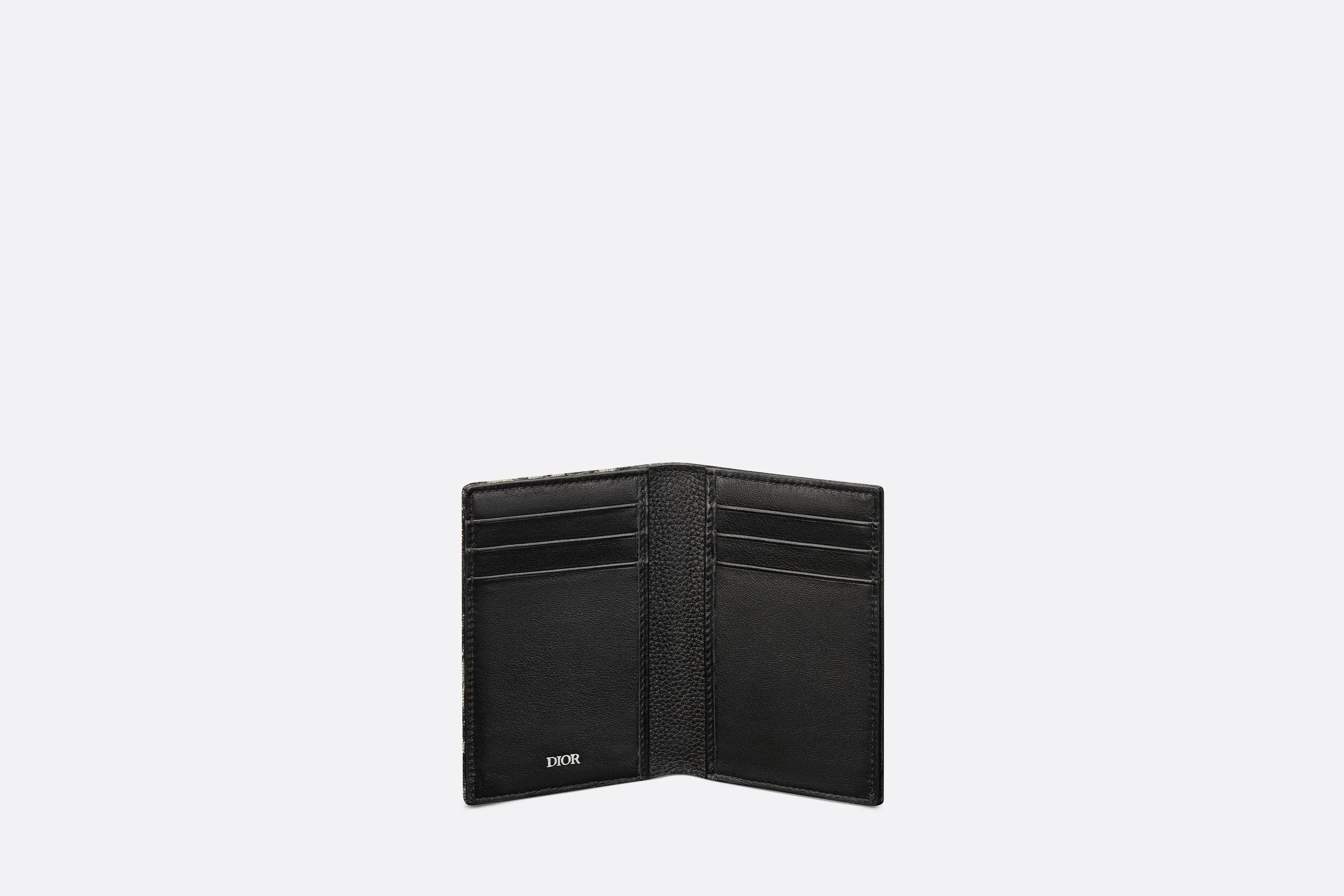 Saddle Bi-Fold Card Holder • Black Grained Calfskin Leather Marquetry with Beige and Black Dior Oblique Jacquard
