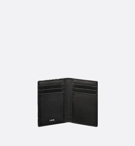 Saddle Bi-Fold Card Holder • Black Grained Calfskin Leather Marquetry with Beige and Black Dior Oblique Jacquard