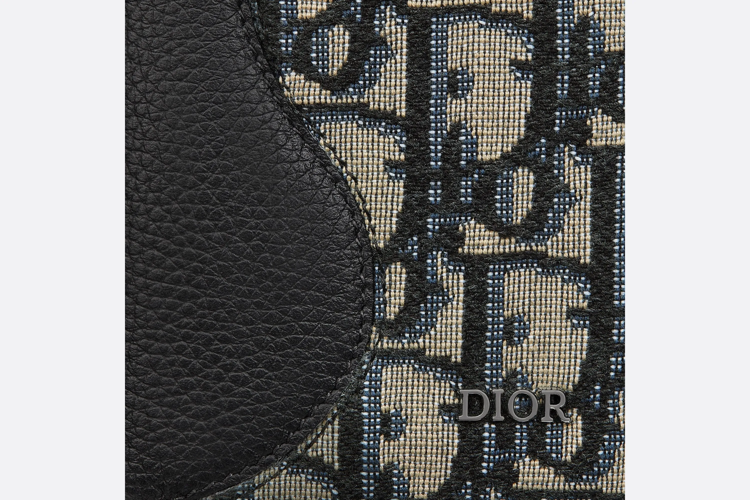 Saddle Bi-Fold Card Holder • Black Grained Calfskin Leather Marquetry with Beige and Black Dior Oblique Jacquard