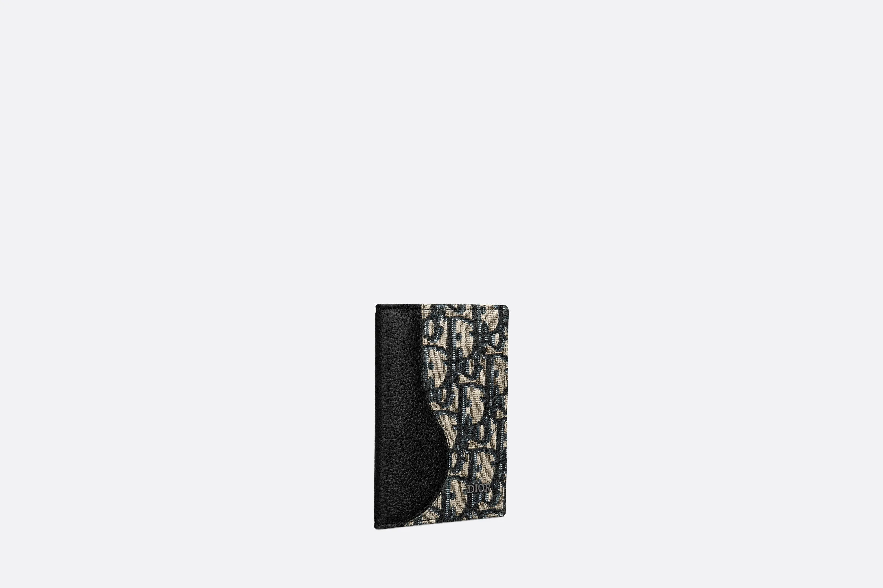 Saddle Bi-Fold Card Holder • Black Grained Calfskin Leather Marquetry with Beige and Black Dior Oblique Jacquard