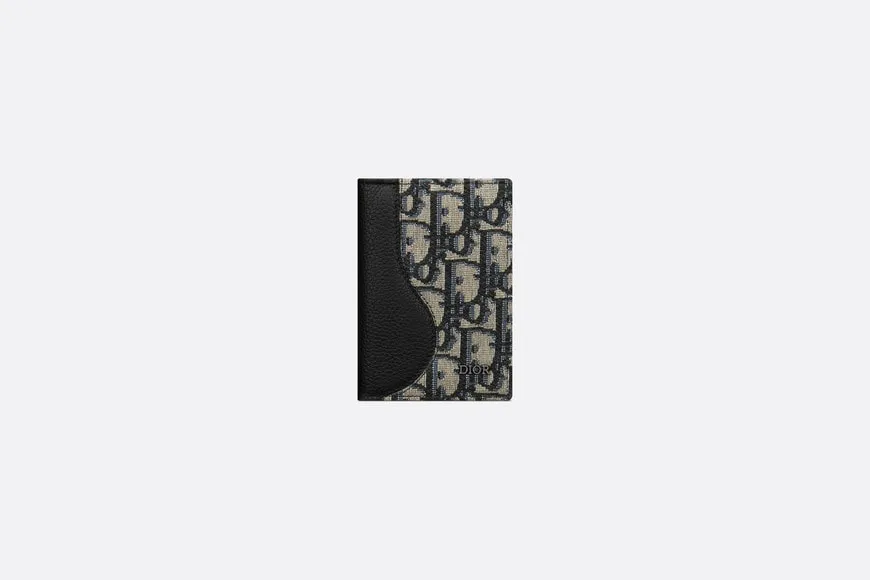 Saddle Bi-Fold Card Holder • Black Grained Calfskin Leather Marquetry with Beige and Black Dior Oblique Jacquard