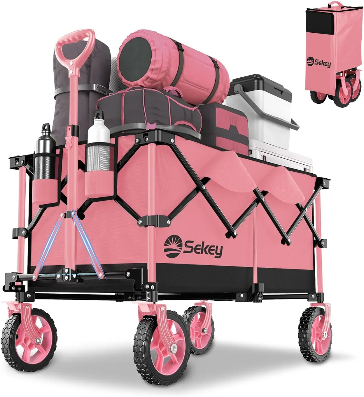 Sekey 220L Collapsible Foldable Wagon with 330lbs Weight Capacity, Heavy Duty Folding Wagon Cart with Big All-Terrain Wheels & Drink Holders (Black&Pink)