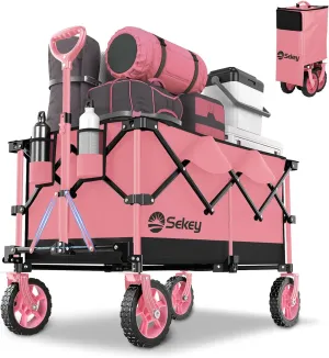 Sekey 220L Collapsible Foldable Wagon with 330lbs Weight Capacity, Heavy Duty Folding Wagon Cart with Big All-Terrain Wheels & Drink Holders (Black&Pink)