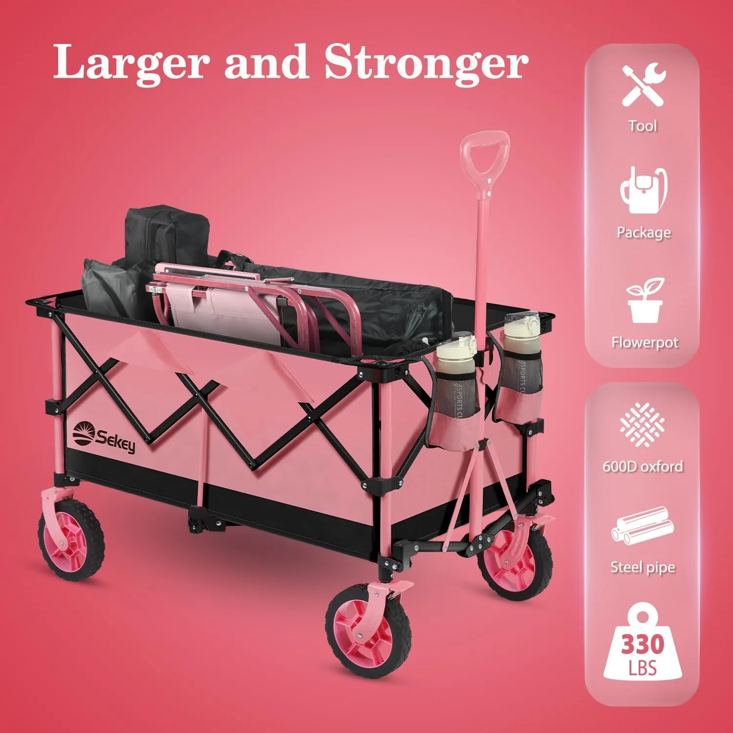Sekey 220L Collapsible Foldable Wagon with 330lbs Weight Capacity, Heavy Duty Folding Wagon Cart with Big All-Terrain Wheels & Drink Holders (Black&Pink)