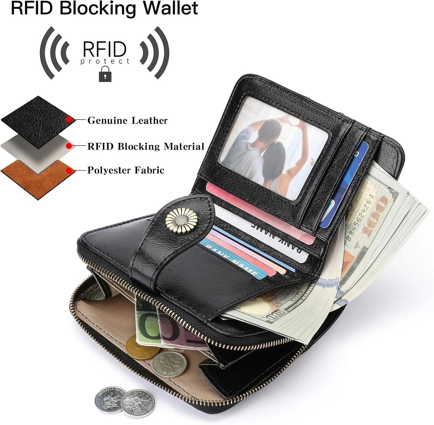 SENDEFN Small Womens Wallet Leather RFID Blocking with Multiple Card Slots and Zipper Coin Pocket