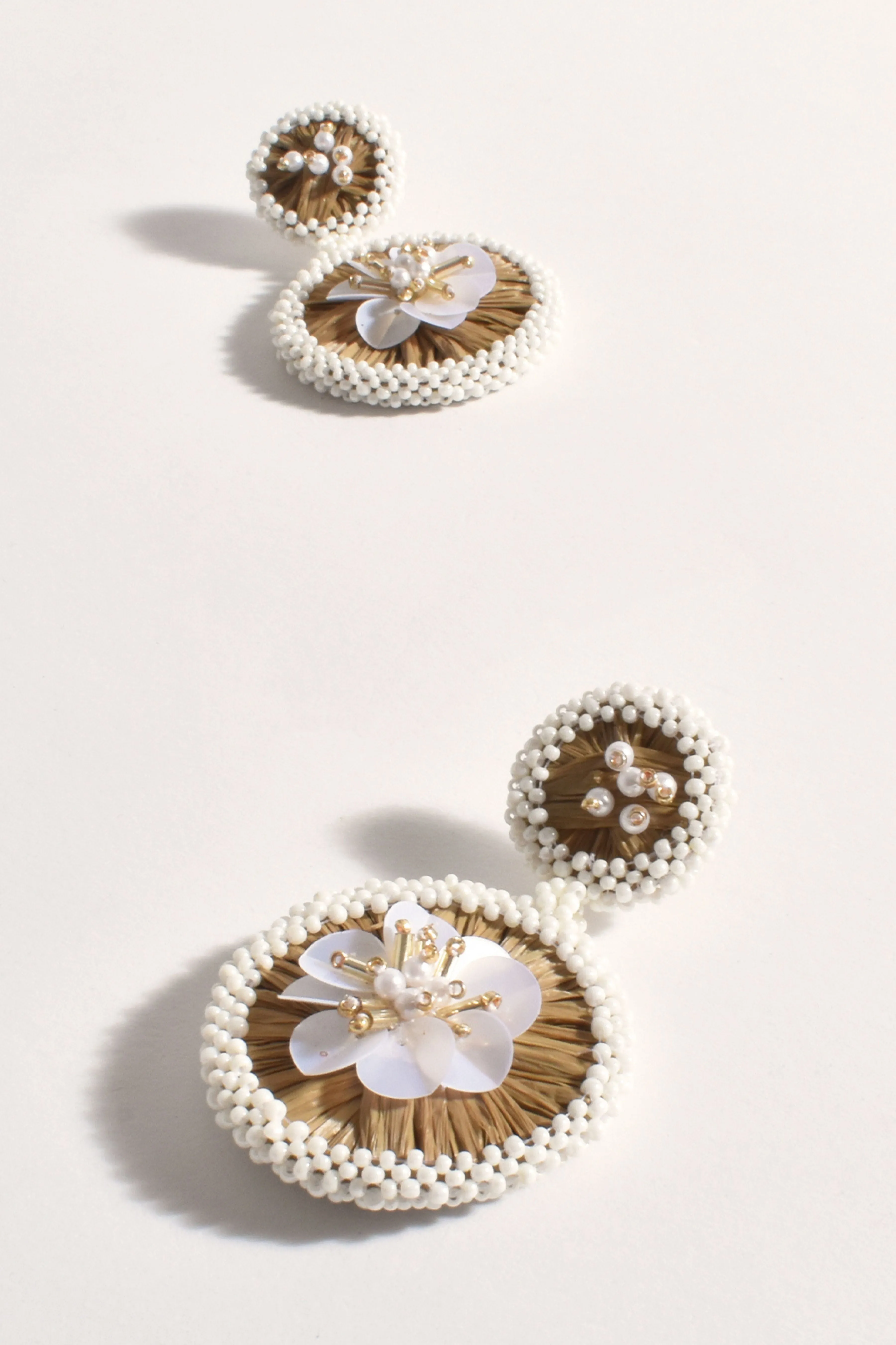 Sequin Centre Bead Edge Earrings - Natural White