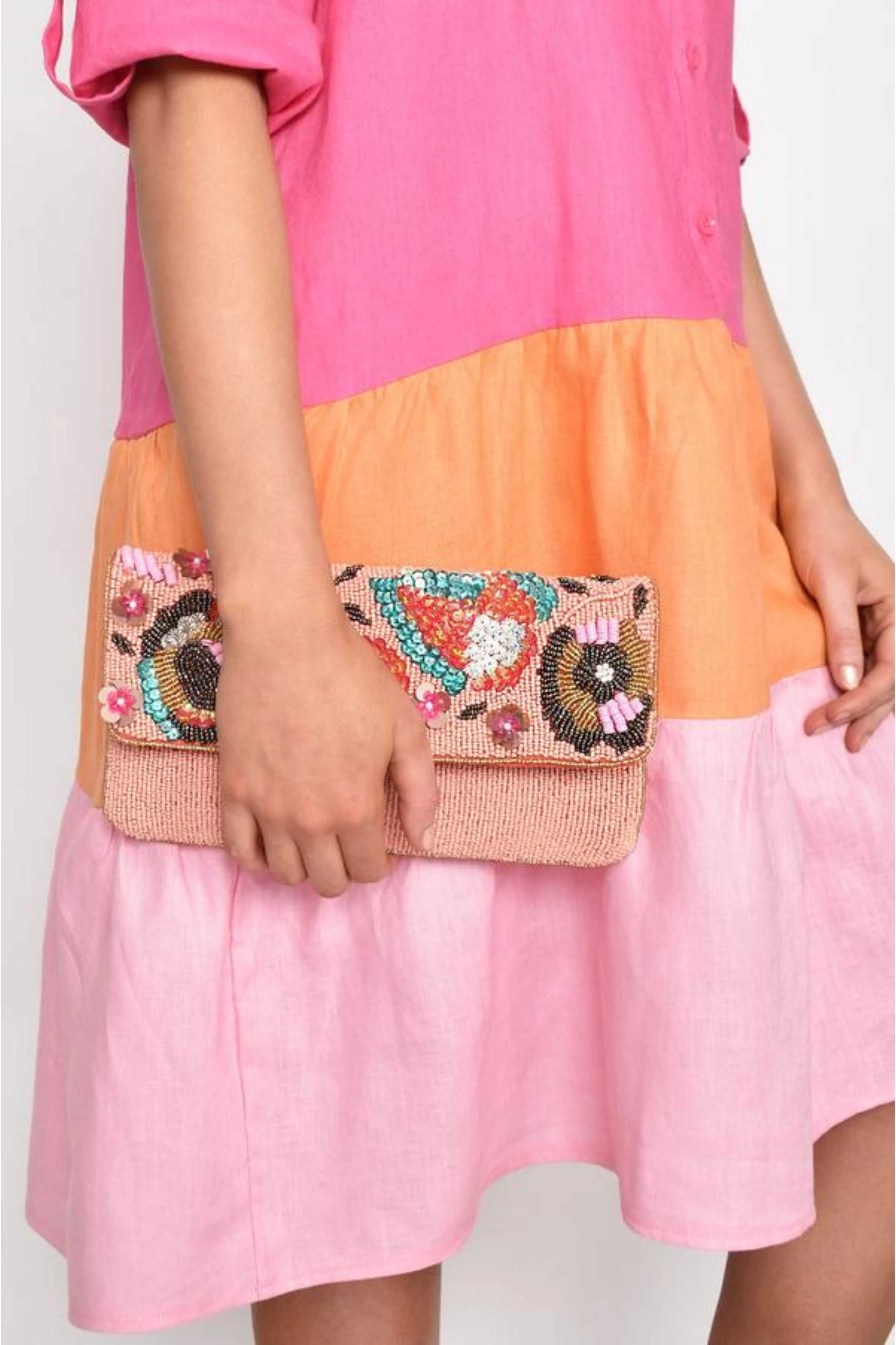 Sequin Floral Beaded Flap Over Clutch - Peach Multi