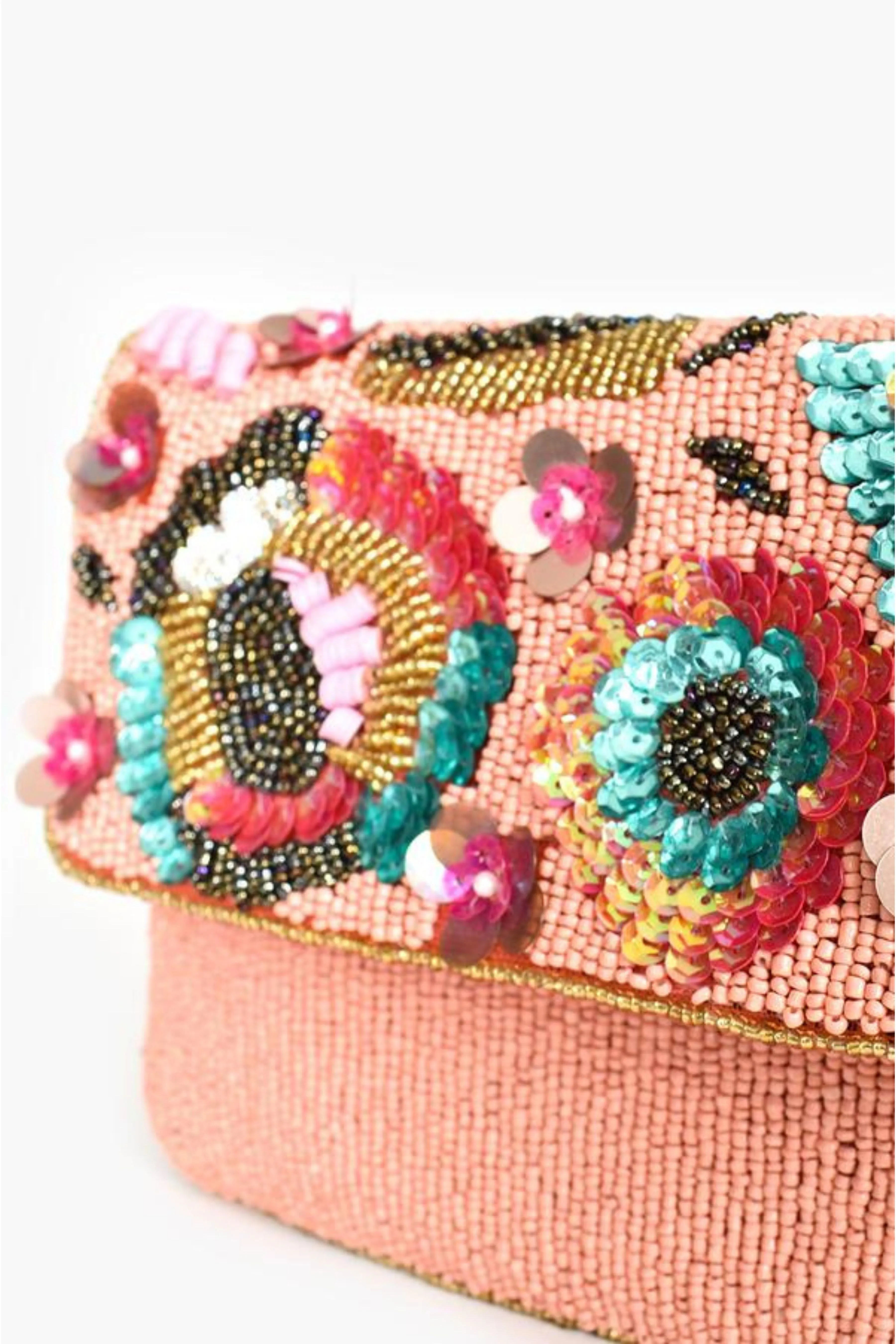 Sequin Floral Beaded Flap Over Clutch - Peach Multi