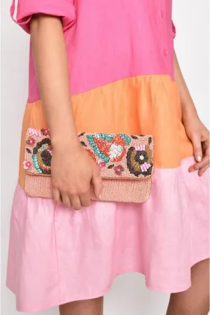 Sequin Floral Beaded Flap Over Clutch - Peach Multi
