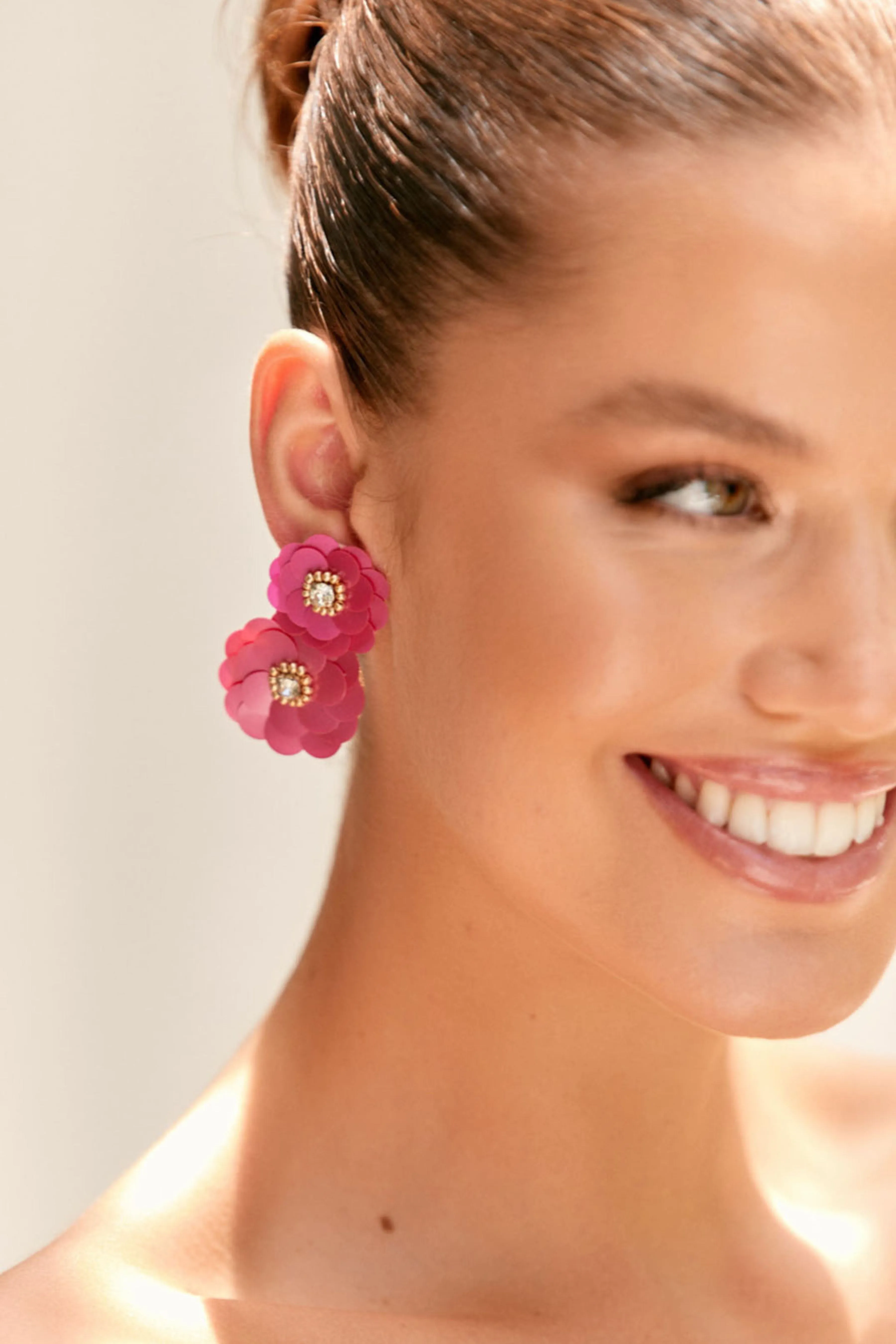 Sequin Floral Drop Earrings - Fuchsia