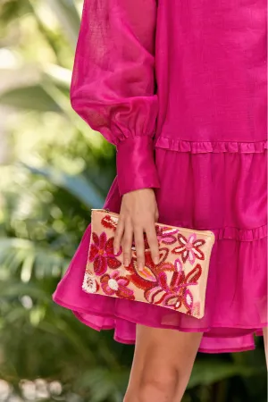 Sequin Floral Zip Top Clutch - Berry Cream