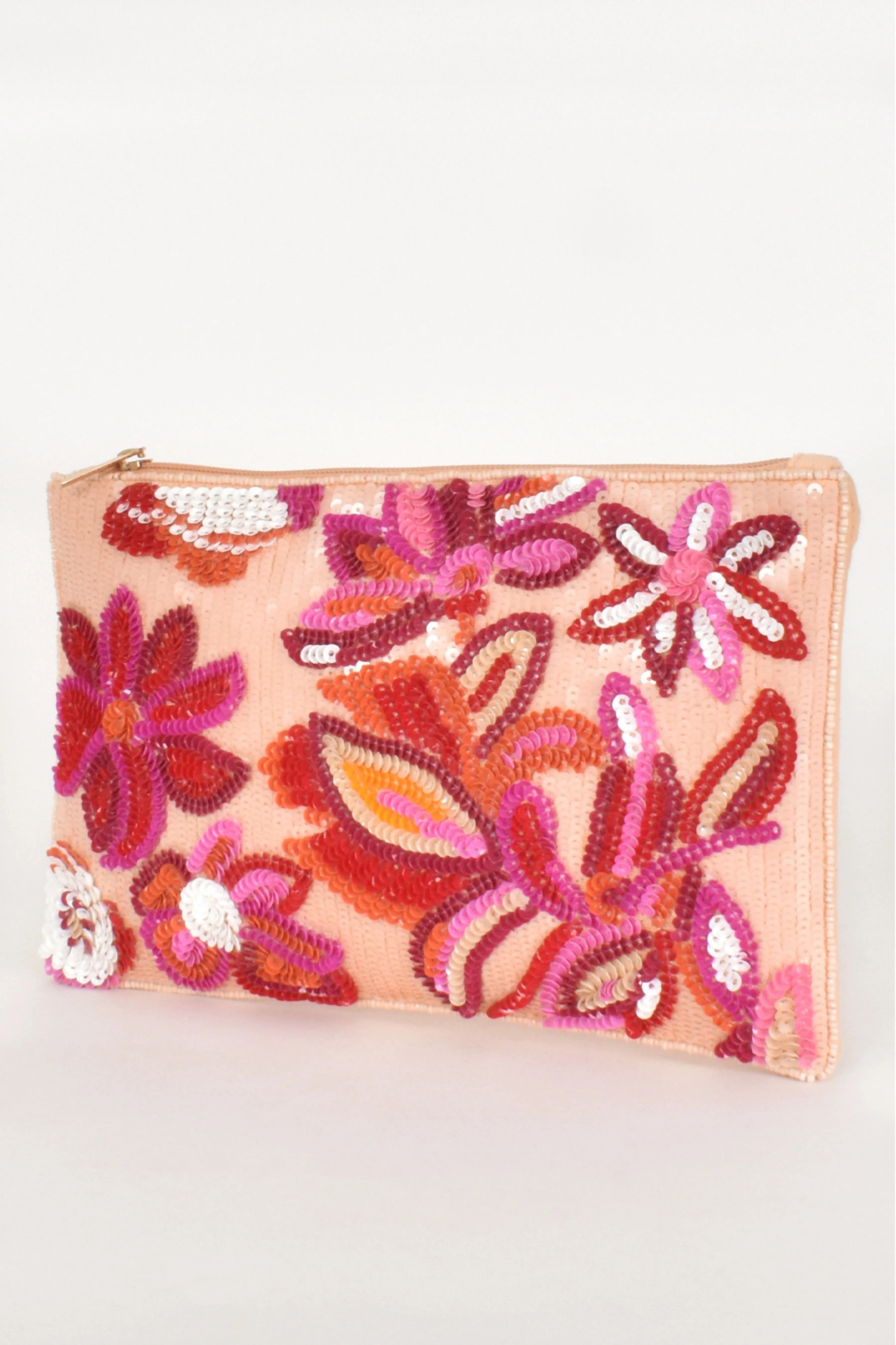 Sequin Floral Zip Top Clutch - Berry Cream