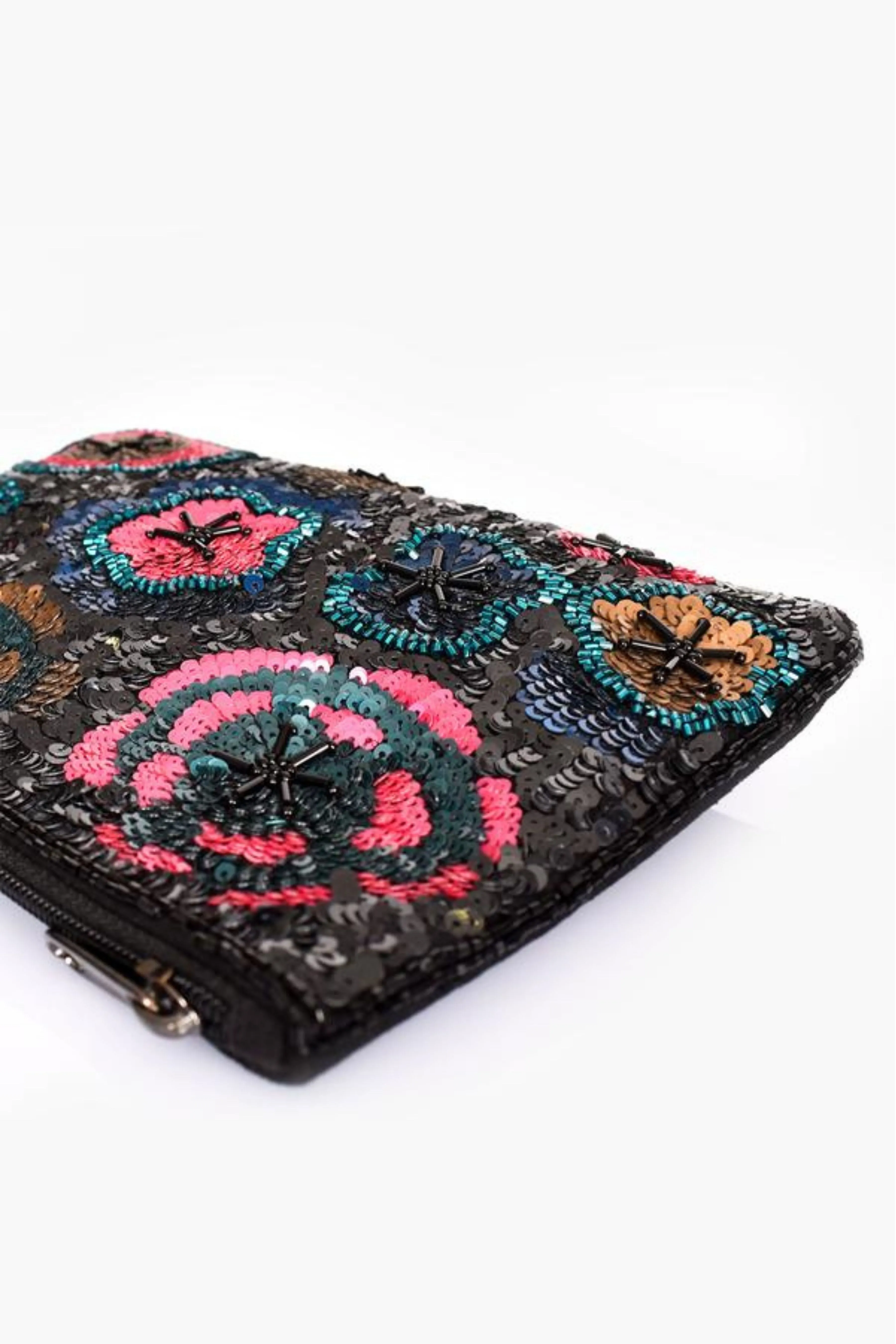 Sequin Floral Zip Top Clutch - Multi