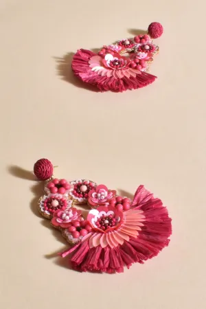 Sequin Fringe Statement Earrings - Hot Pink