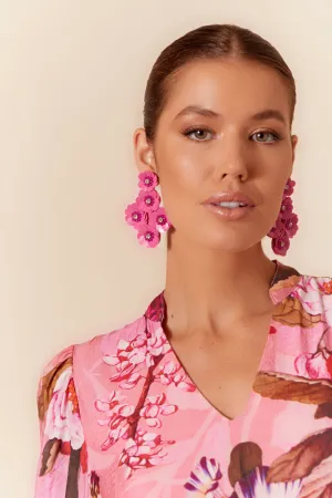 Sequinned Floral Event Earrings - Hot Pink