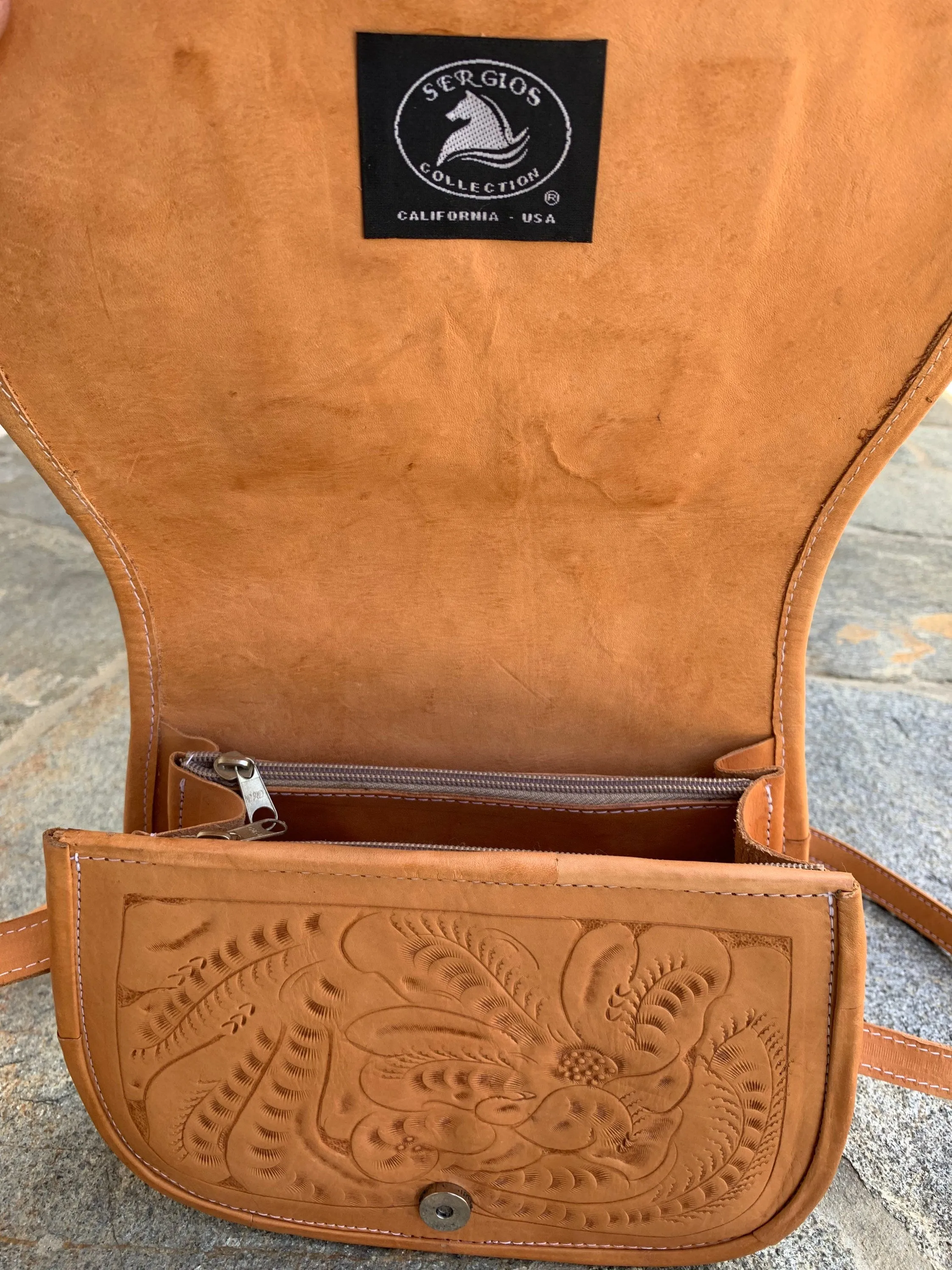 Sergios Vintage Saddle bag, HandTooled , natural leather