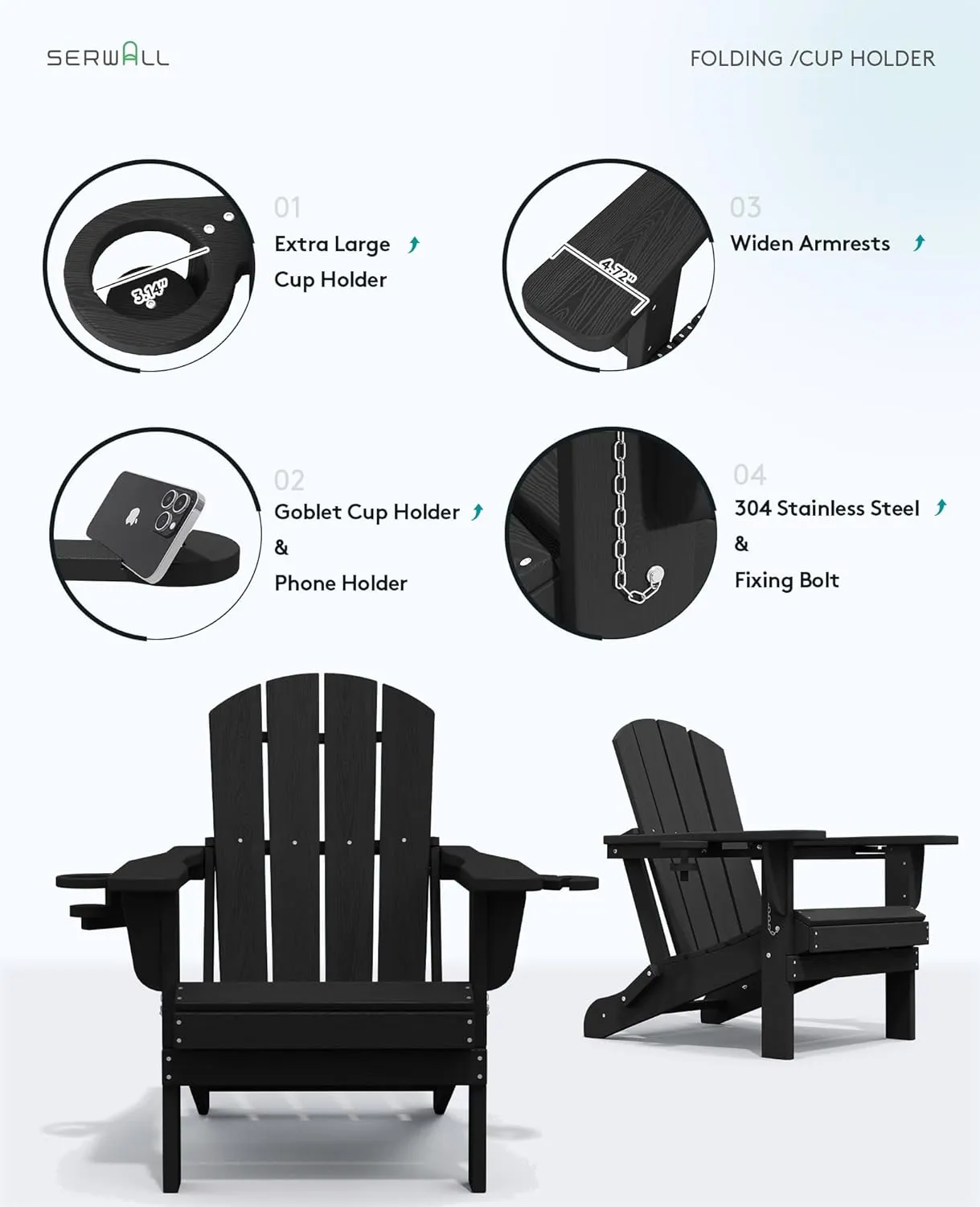 SERWALL HDPE Folding Adirondack Chair with Dual Cup Holder - Composite Adirondack Chair - Black