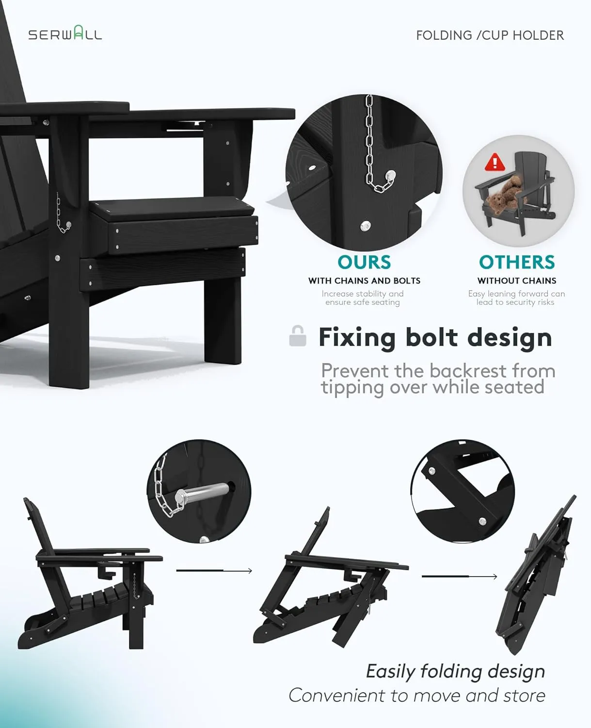 SERWALL HDPE Folding Adirondack Chair with Dual Cup Holder - Composite Adirondack Chair - Black