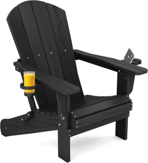 SERWALL HDPE Folding Adirondack Chair with Dual Cup Holder - Composite Adirondack Chair - Black