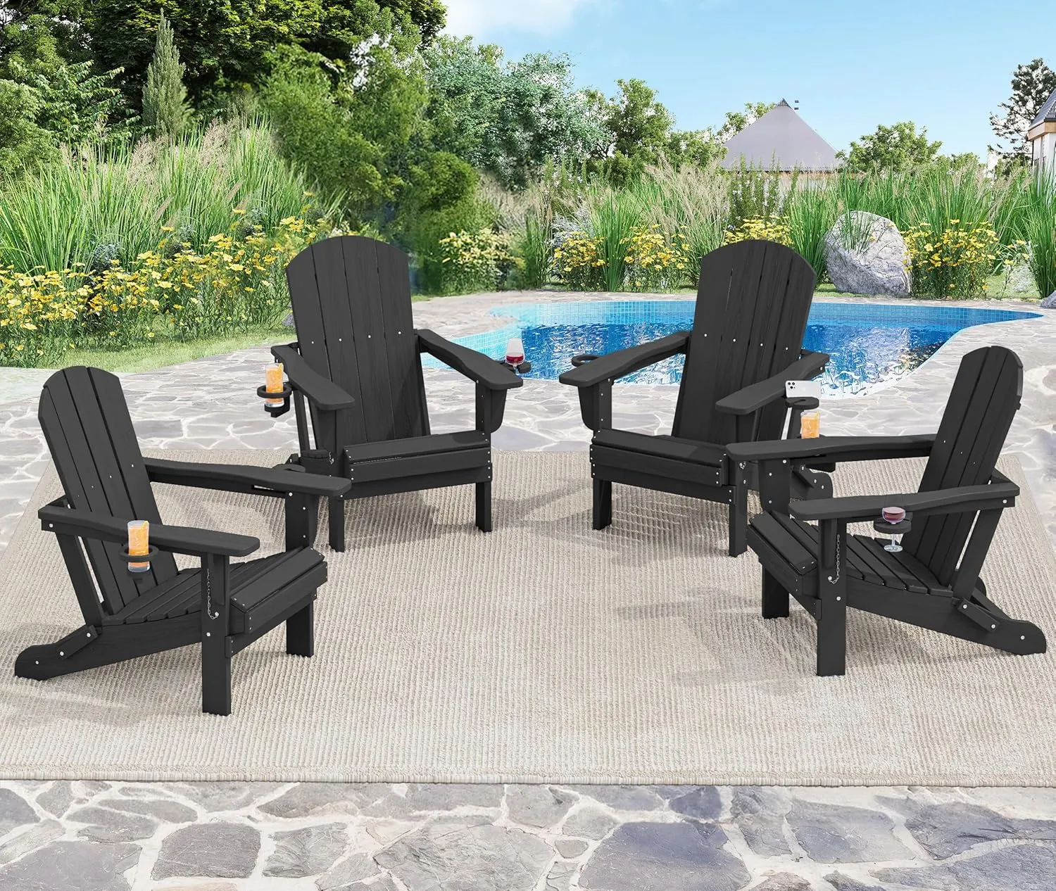 SERWALL HDPE Folding Adirondack Chair with Dual Cup Holder - Composite Adirondack Chair - Black