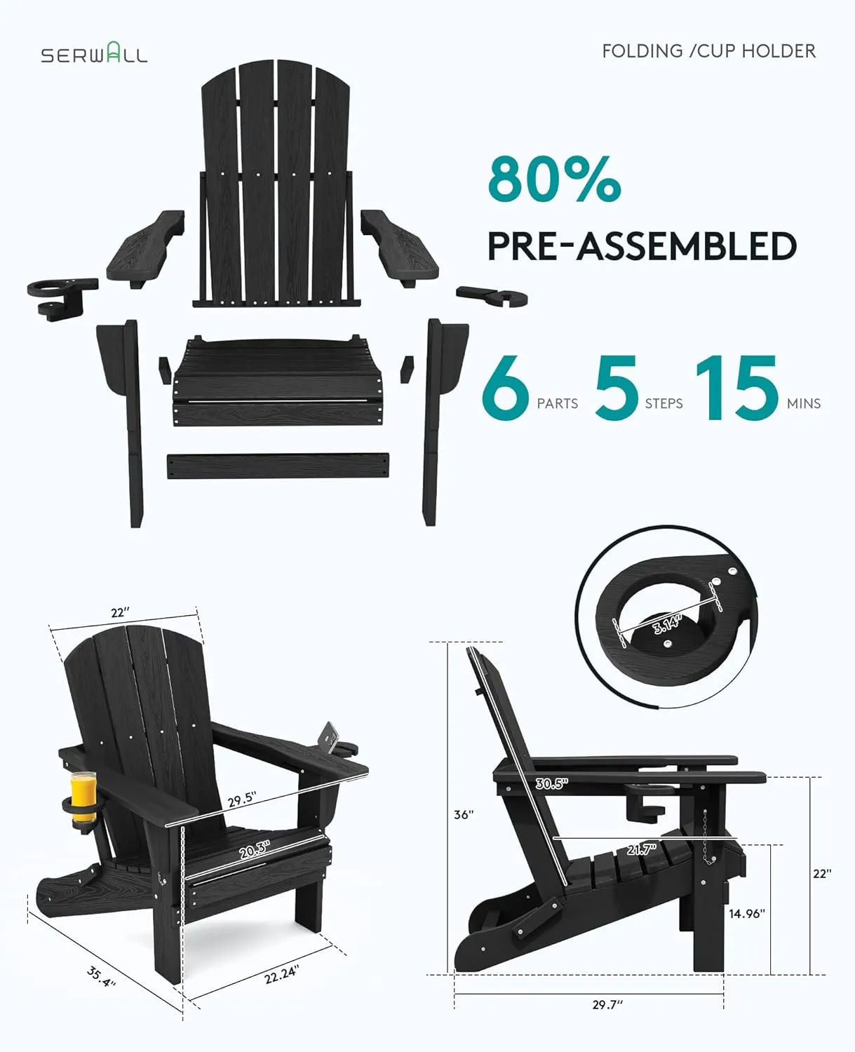 SERWALL HDPE Folding Adirondack Chair with Dual Cup Holder - Composite Adirondack Chair - Black