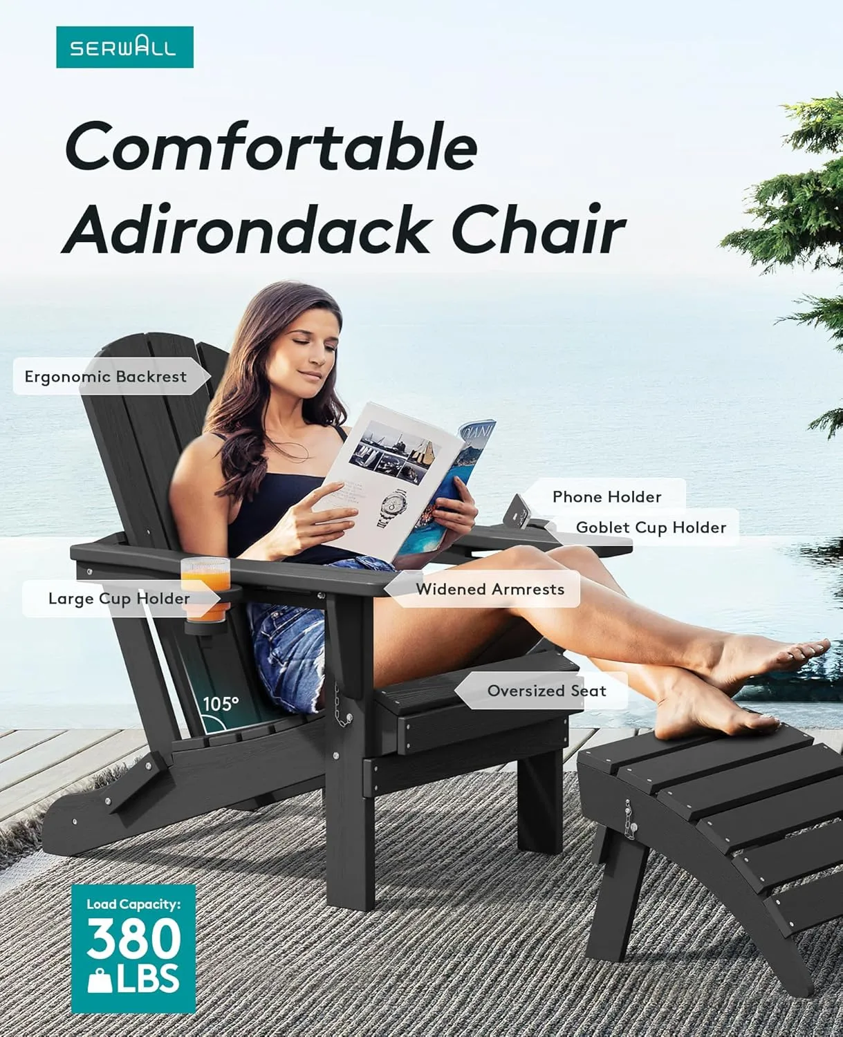 SERWALL HDPE Folding Adirondack Chair with Dual Cup Holder - Composite Adirondack Chair - Black