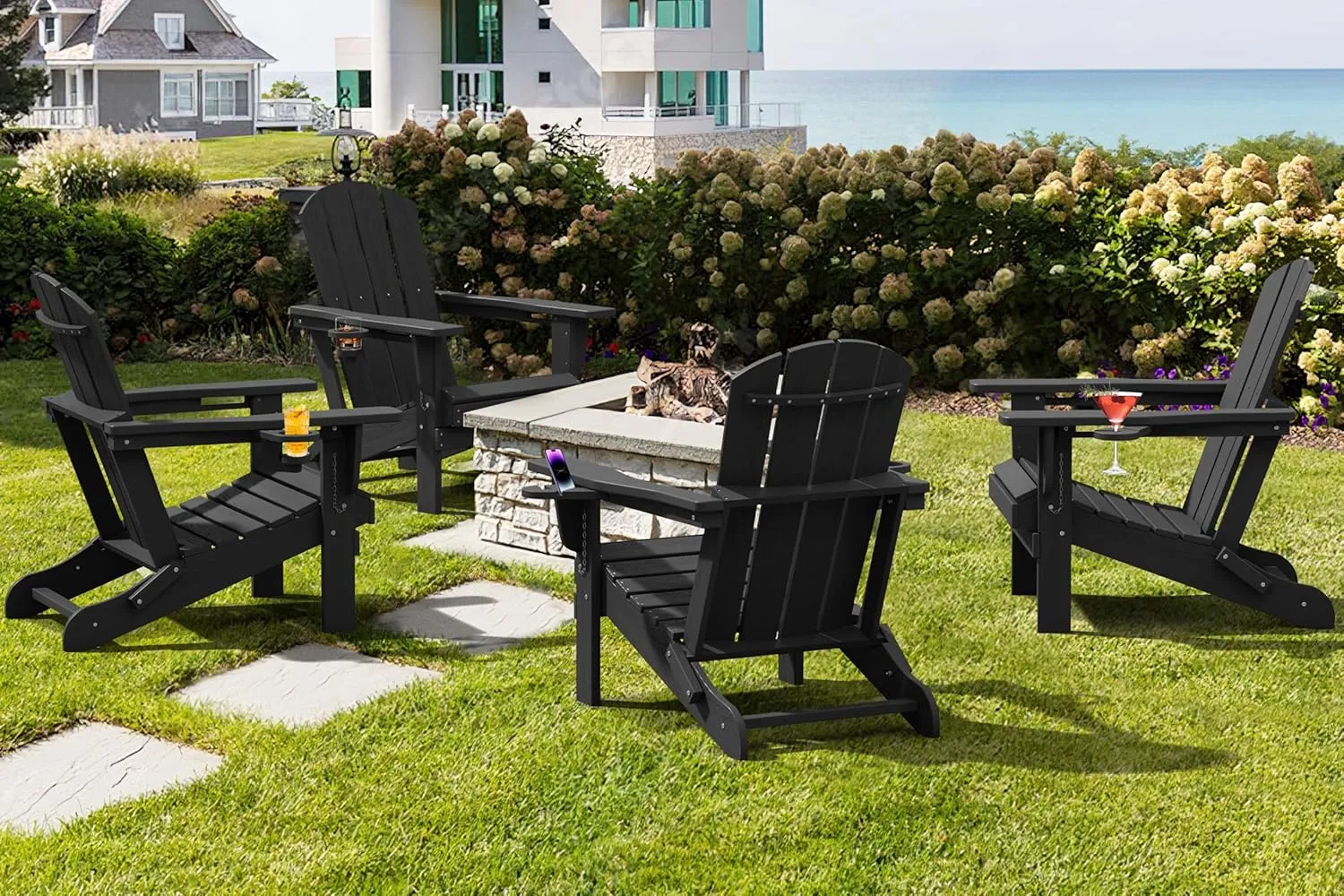SERWALL HDPE Folding Adirondack Chair with Dual Cup Holder - Composite Adirondack Chair - Black