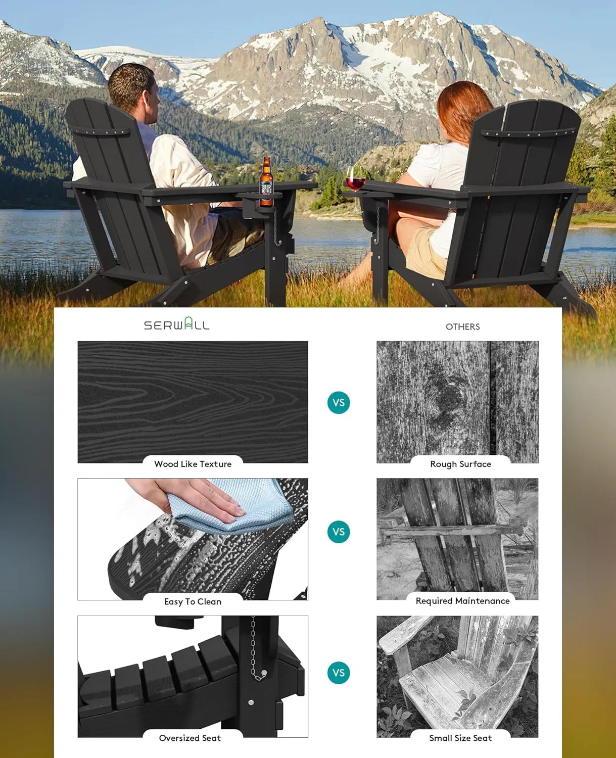 SERWALL HDPE Folding Adirondack Chair with Dual Cup Holder - Composite Adirondack Chair - Black