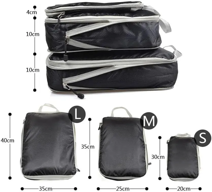Set/3 Pieces Compressible Packing Travel Storage Bag Cubes Waterproof Suitcase Nylon Portable With Handbag Luggage Organizer(SNX-3SET- grey)