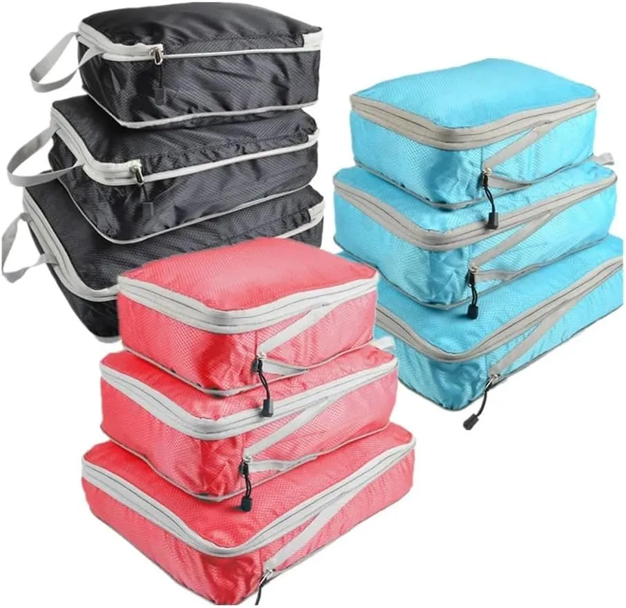 Set/3 Pieces Compressible Packing Travel Storage Bag Cubes Waterproof Suitcase Nylon Portable With Handbag Luggage Organizer(SNX-3SET- grey)