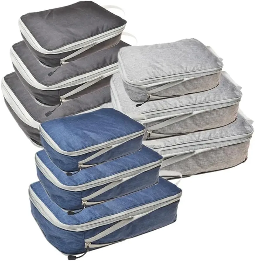 Set/3 Pieces Compressible Packing Travel Storage Bag Cubes Waterproof Suitcase Nylon Portable With Handbag Luggage Organizer(SNX-3SET- grey)