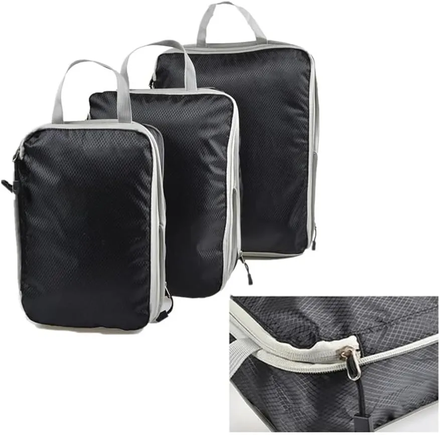 Set/3 Pieces Compressible Packing Travel Storage Bag Cubes Waterproof Suitcase Nylon Portable With Handbag Luggage Organizer(SNX-3SET- grey)