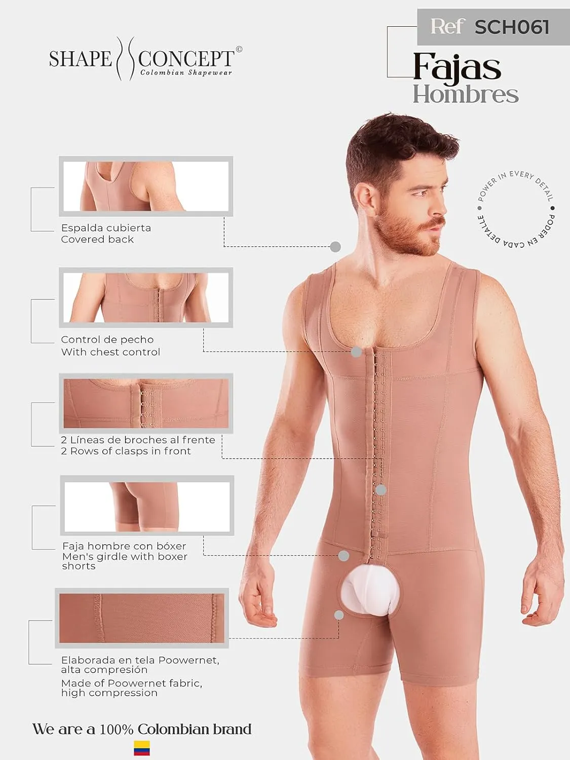 SHAPE CONCEPT Mens Shapewear 361 Faja Colombiana para Hombre, Male Girdle Stomach Compression With Hooks and Control Abdobmen