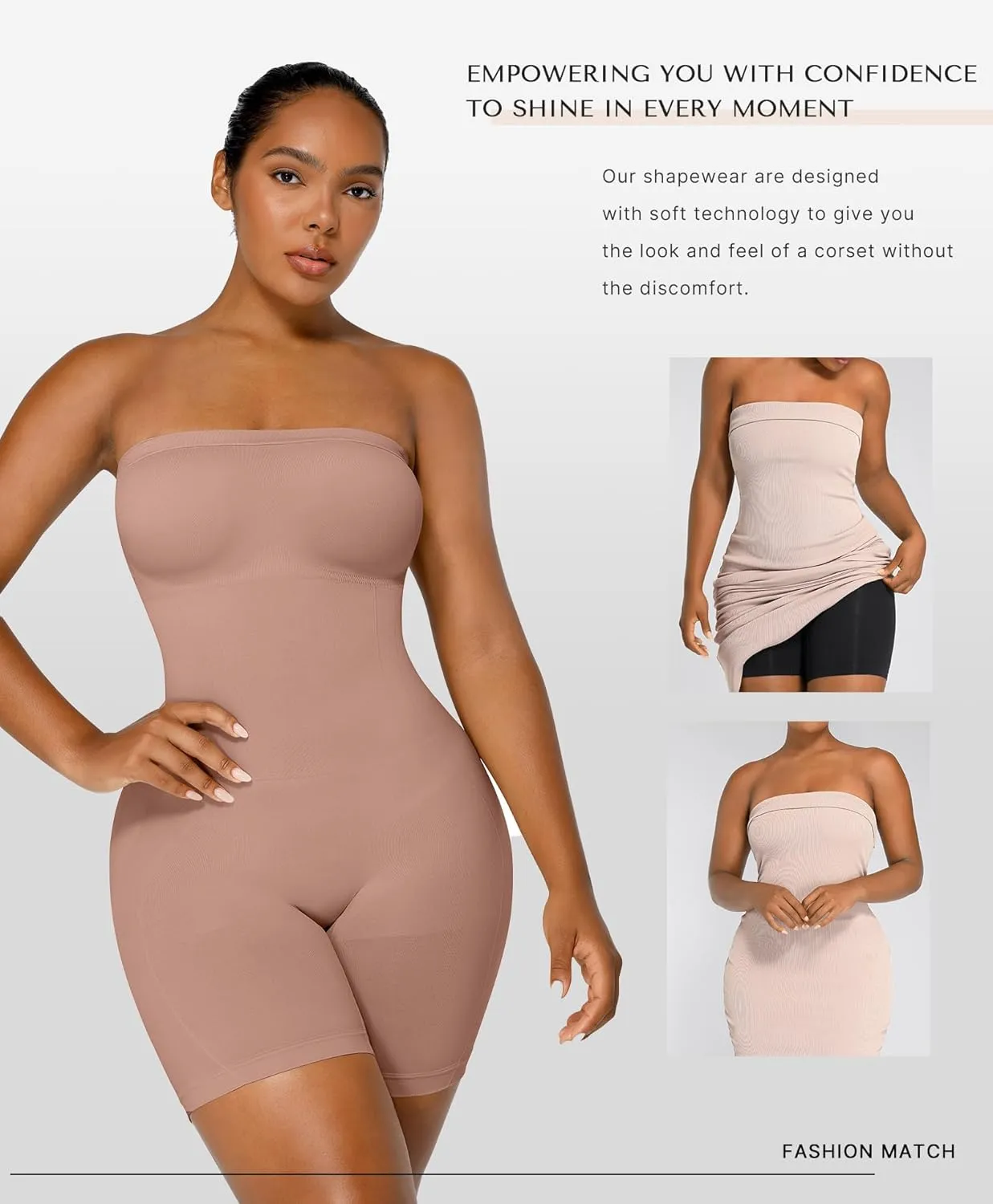 SHAPELLX Women's Shapewear Bodysuits Tummy Control Butt Lifter Body Shaper Strapless Seamless Mid Thigh Jumpsuit Tops