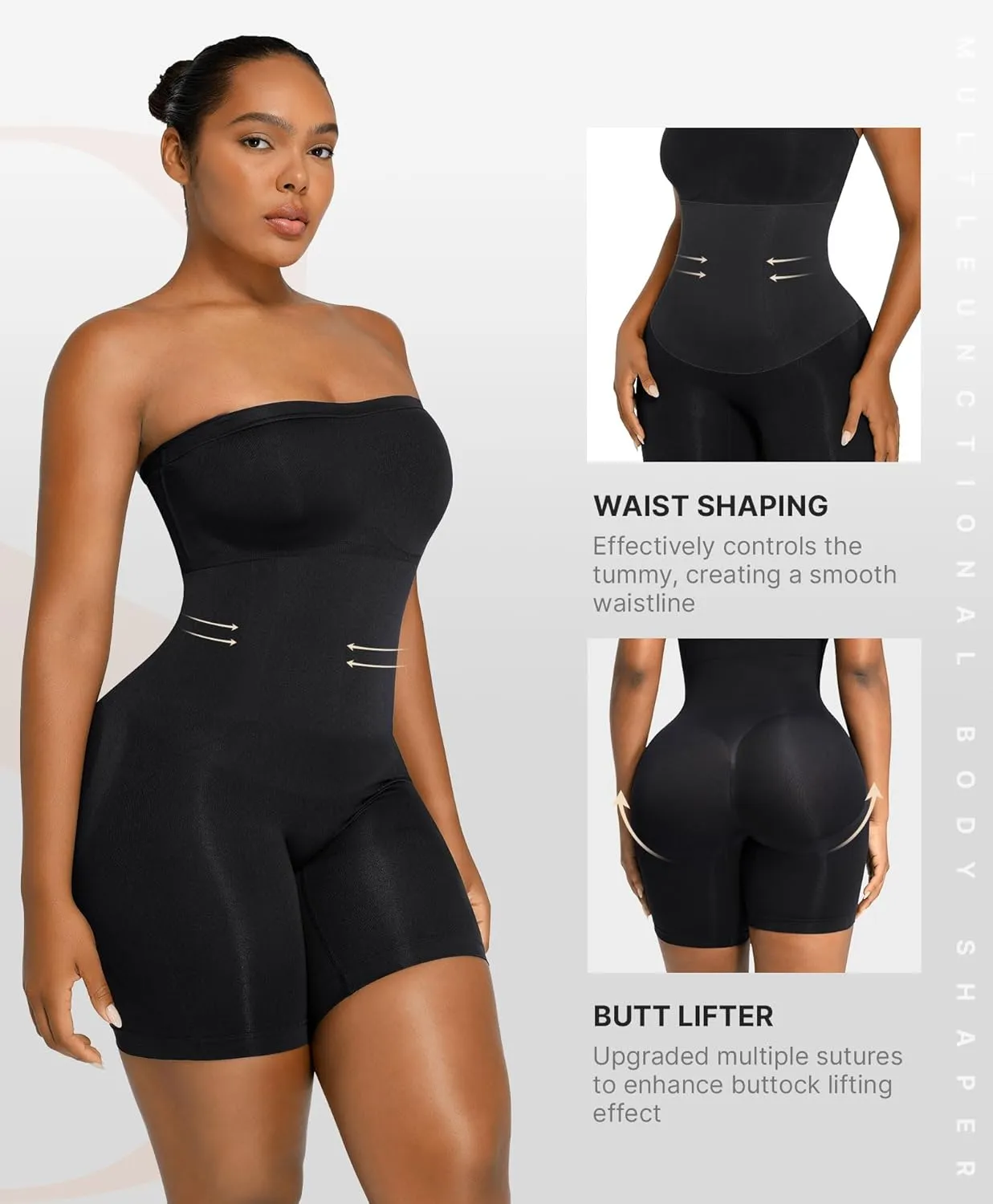 SHAPELLX Women's Shapewear Bodysuits Tummy Control Butt Lifter Body Shaper Strapless Seamless Mid Thigh Jumpsuit Tops