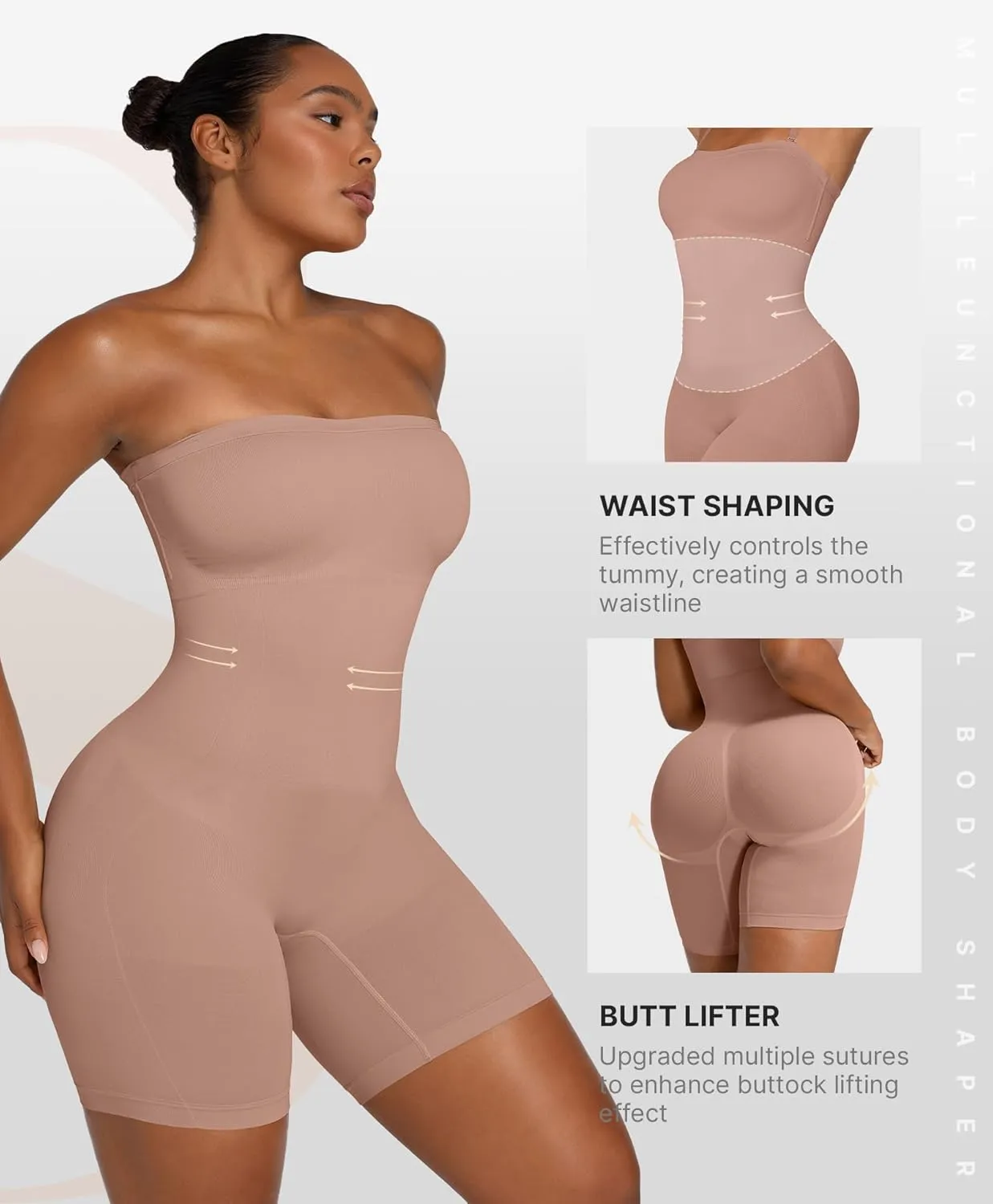 SHAPELLX Women's Shapewear Bodysuits Tummy Control Butt Lifter Body Shaper Strapless Seamless Mid Thigh Jumpsuit Tops