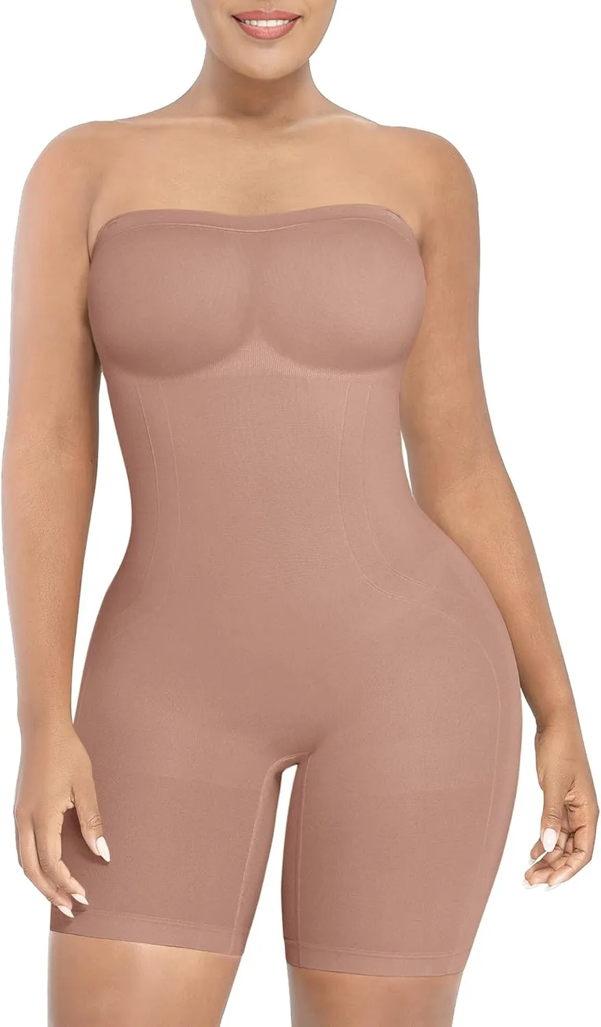 SHAPELLX Women's Shapewear Bodysuits Tummy Control Butt Lifter Body Shaper Strapless Seamless Mid Thigh Jumpsuit Tops