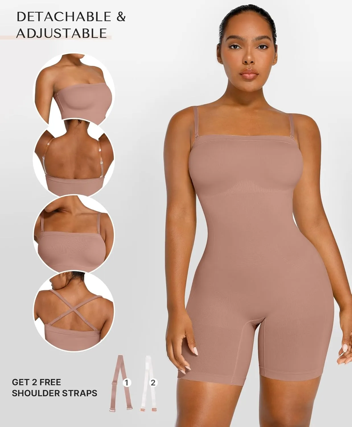 SHAPELLX Women's Shapewear Bodysuits Tummy Control Butt Lifter Body Shaper Strapless Seamless Mid Thigh Jumpsuit Tops