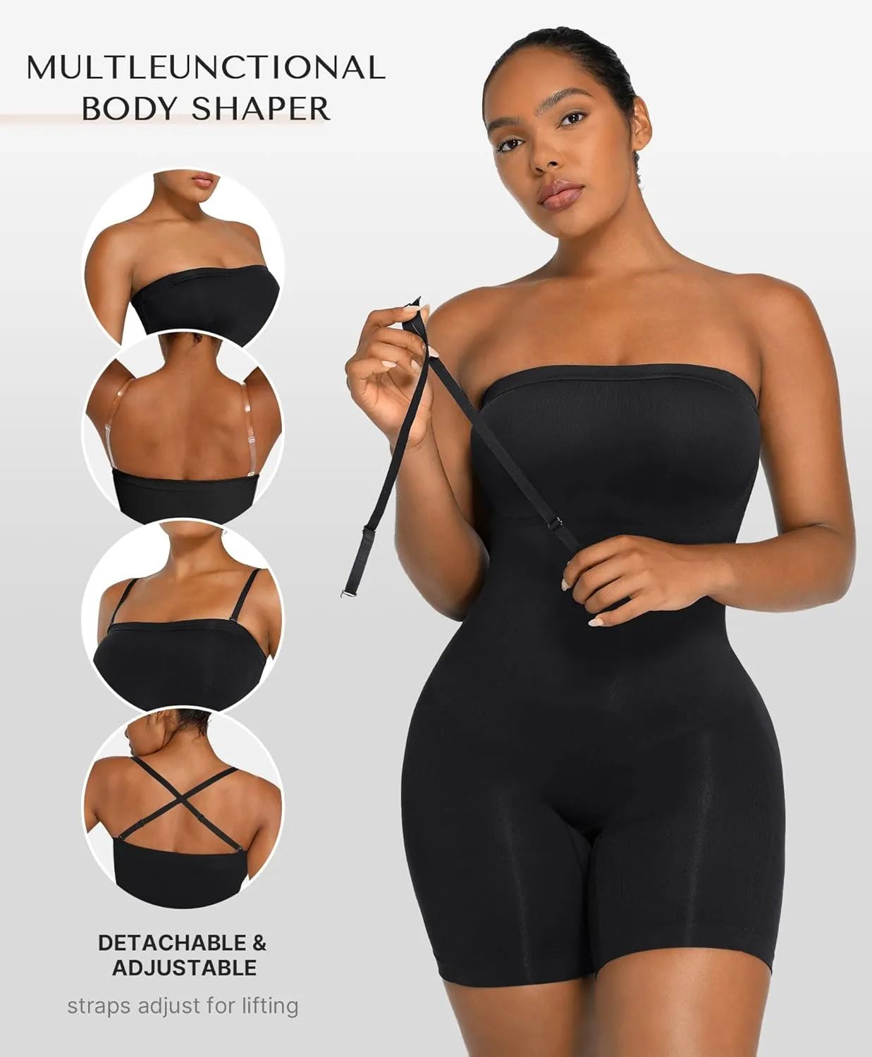 SHAPELLX Women's Shapewear Bodysuits Tummy Control Butt Lifter Body Shaper Strapless Seamless Mid Thigh Jumpsuit Tops