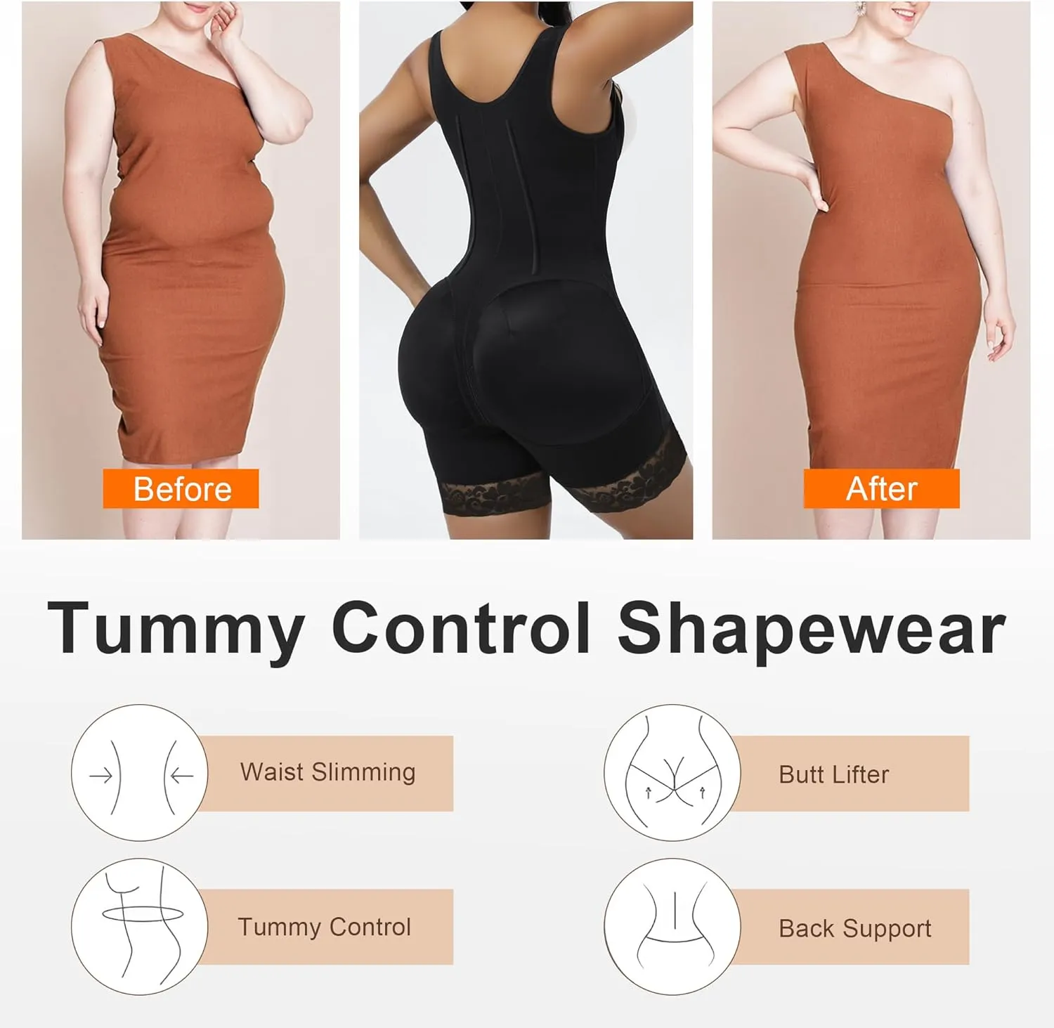 SHAPERX Shapewear for Women Tummy Control Body Shaper Butt Lifter Bodysuit Postpartum Girdles with Adjustable Straps