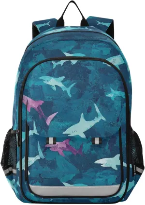 Sharks Profile Doodle Backpack for Boys Girls Elementary School Bag Kids Bookbag Travel Rucksack With Reflective Stripes